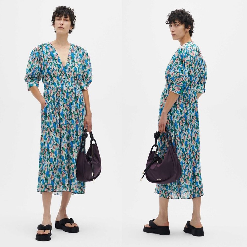 NWT New $325 GANNI Multicolor V-Neck Midi Floral Azure Blue Dress Size 42 US L